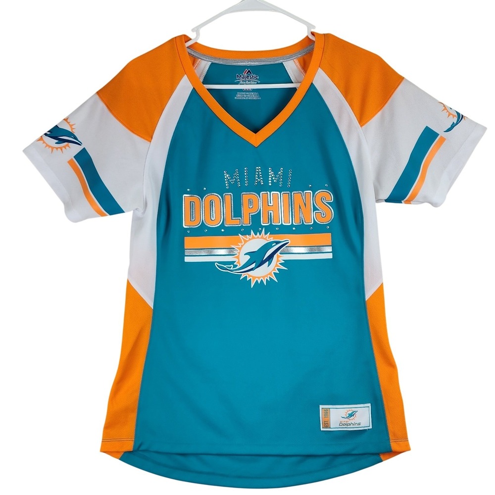 Miami Dolphins Majestic Jersey Shirt Womens M Aqua Orange Sporty Gameday